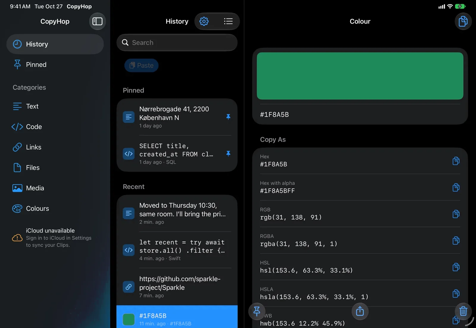 CopyHop on an iPad in landscape: the sidebar with History, Pinned and the Categories, the Clip list, and a colour Clip open with every format it can be copied as.