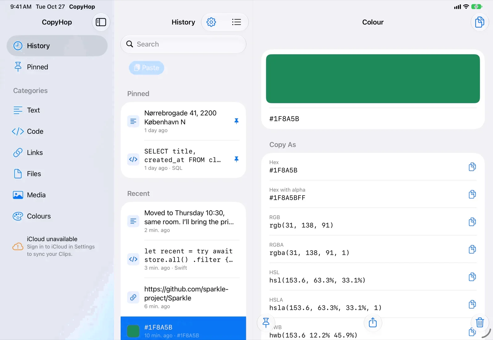 CopyHop on an iPad in landscape: the sidebar with History, Pinned and the Categories, the Clip list, and a colour Clip open with every format it can be copied as.