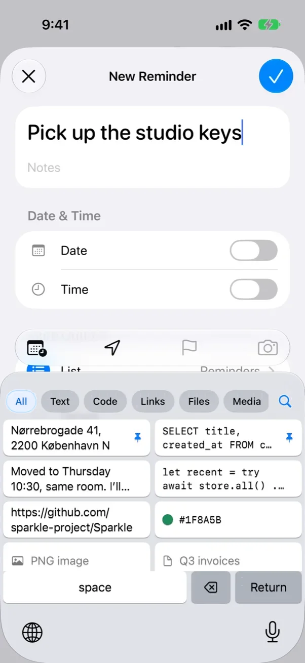 The CopyHop keyboard in Reminders on an iPhone, with Category filters and the latest Clips as keys.