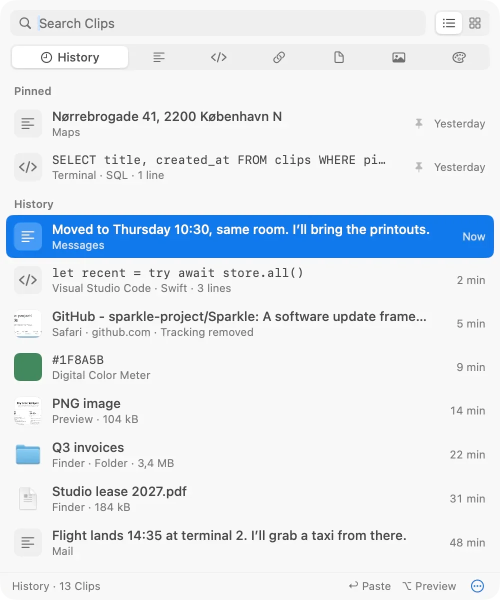 The CopyHop panel on a Mac: a search field, the History and Category tabs, two pinned Clips, then recent Clips including a message, Swift code, a GitHub link with its page image, a colour, a screenshot, a folder and a PDF.